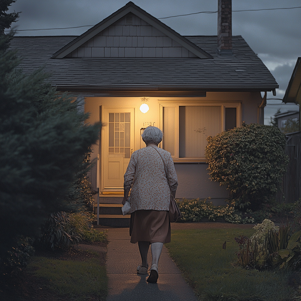 A woman walking up to a house | Source: no source
