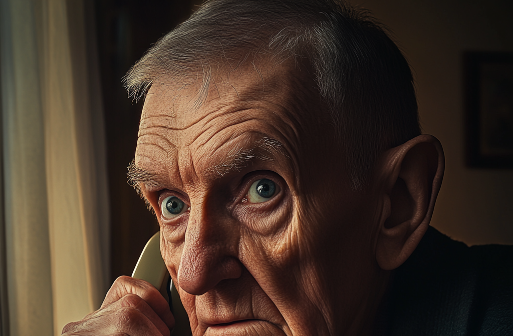 A stunned older man holding a phone receiver | Source: No source