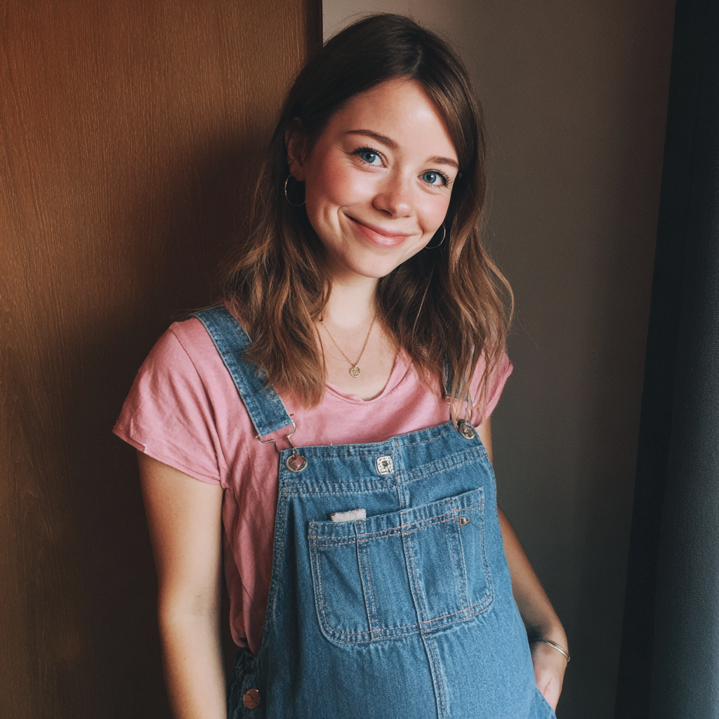 A smiling pregnant woman wearing denim dungarees | Source: No Source