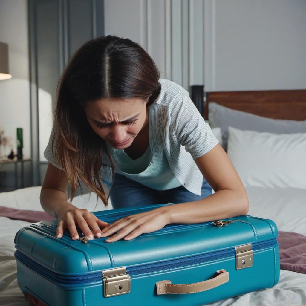 Stacy packing a suitcase, in tears | Source: no source