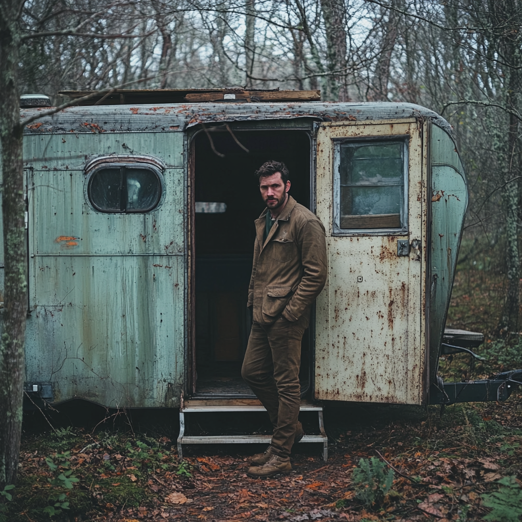 Man standing at the door of an old trailer | Source: No source