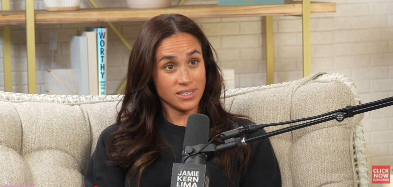 A screenshot of Meghan, Duchess of Sussex during her appearance on "The Jamie Kern Lima Show podcast" from a video dated April 28, 2025. | Source: YouTube/@AccessHollywood
