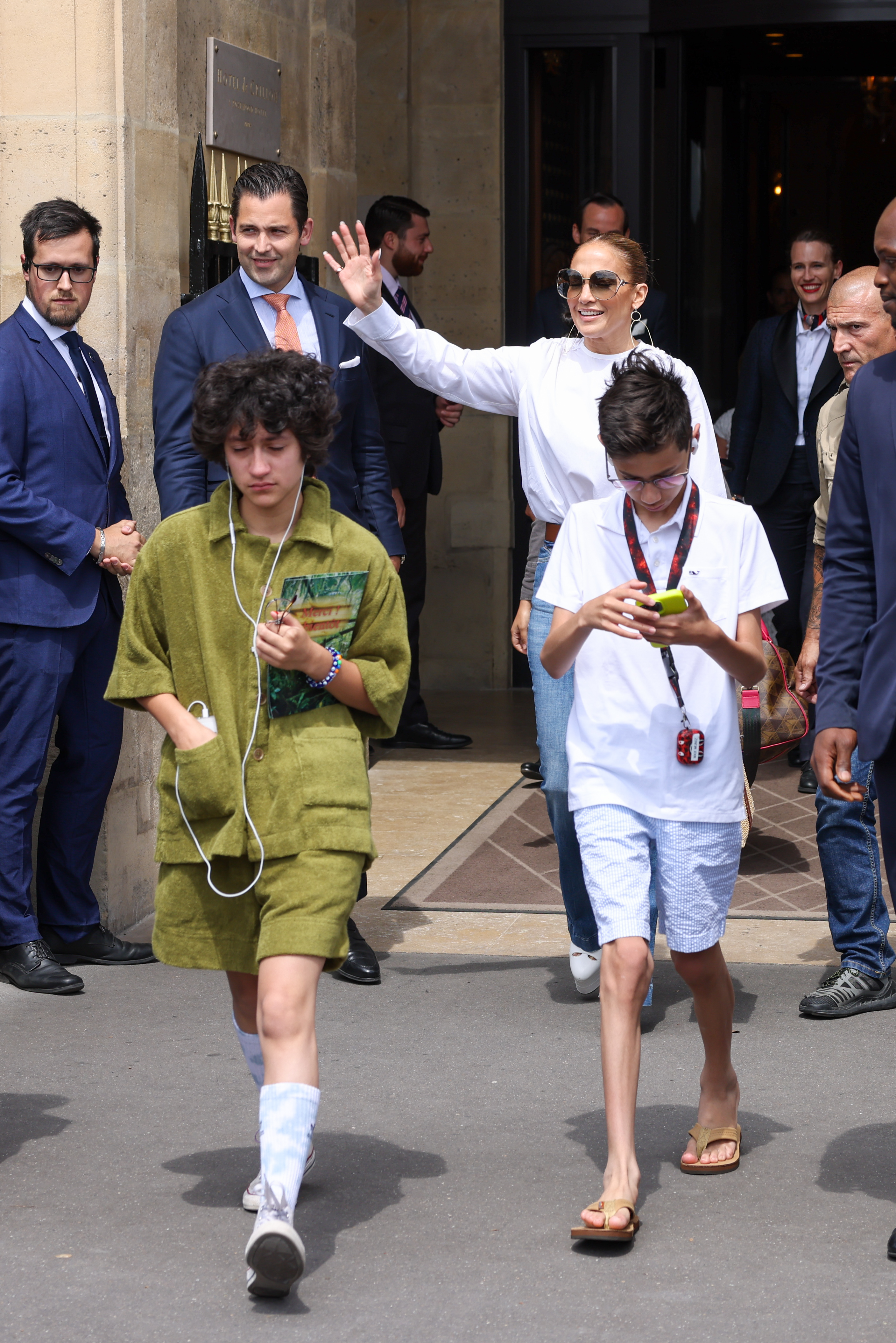 Jennifer Lopez, Emme and Max Muniz are seen leaving the Crillon hotel on July 27, 2022 | Source: Getty Images