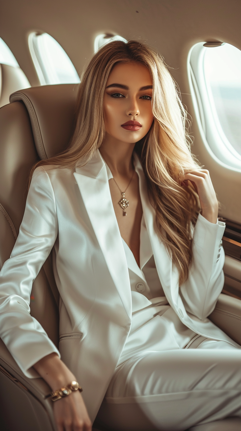 A rich woman sitting in an airplane | Source: no source