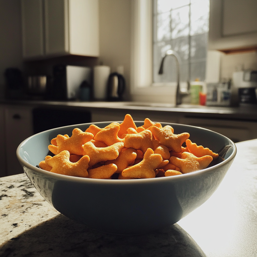 A bowl of crackers on a kitchen counter | Source: No source