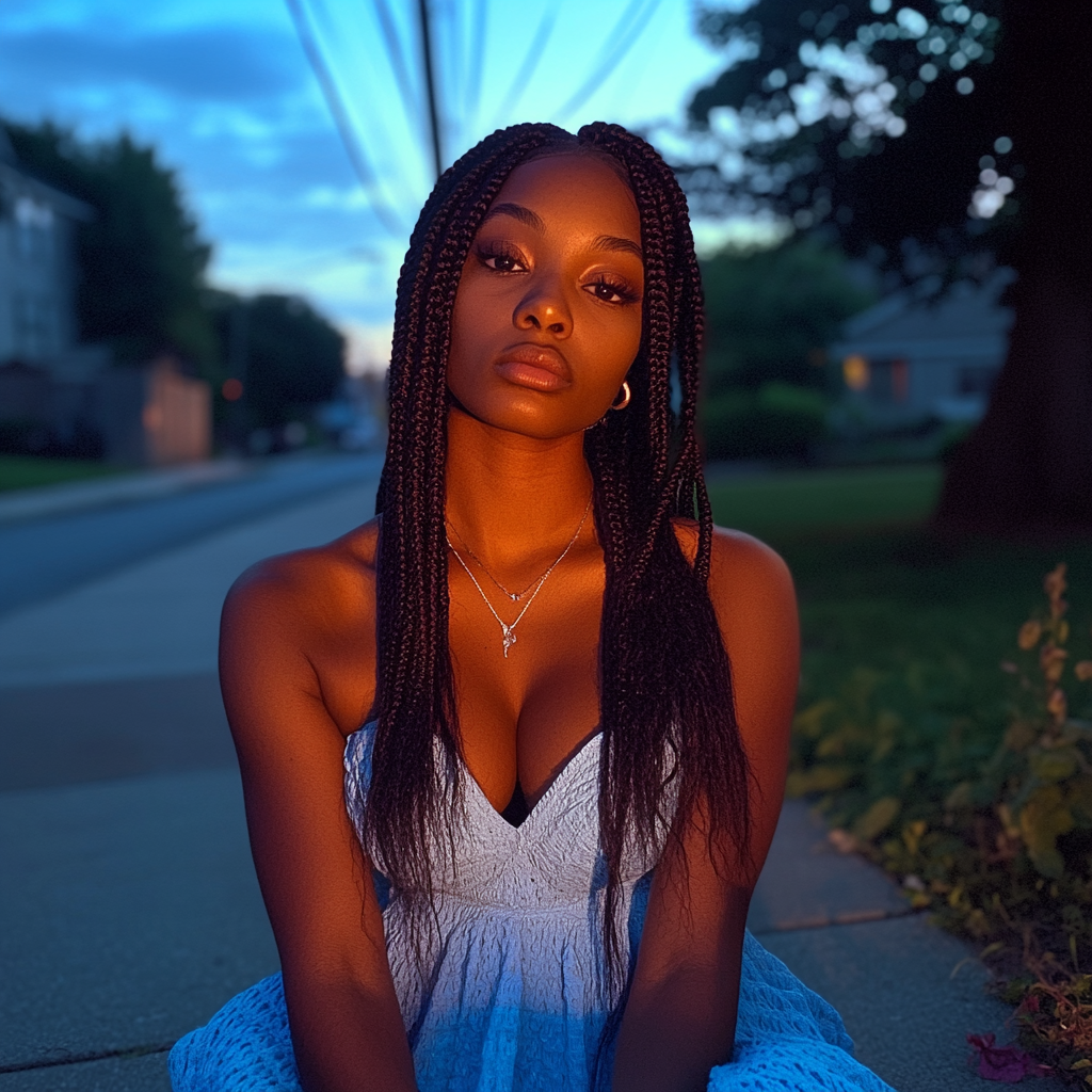 A woman sitting on a sidewalk | Source: No source