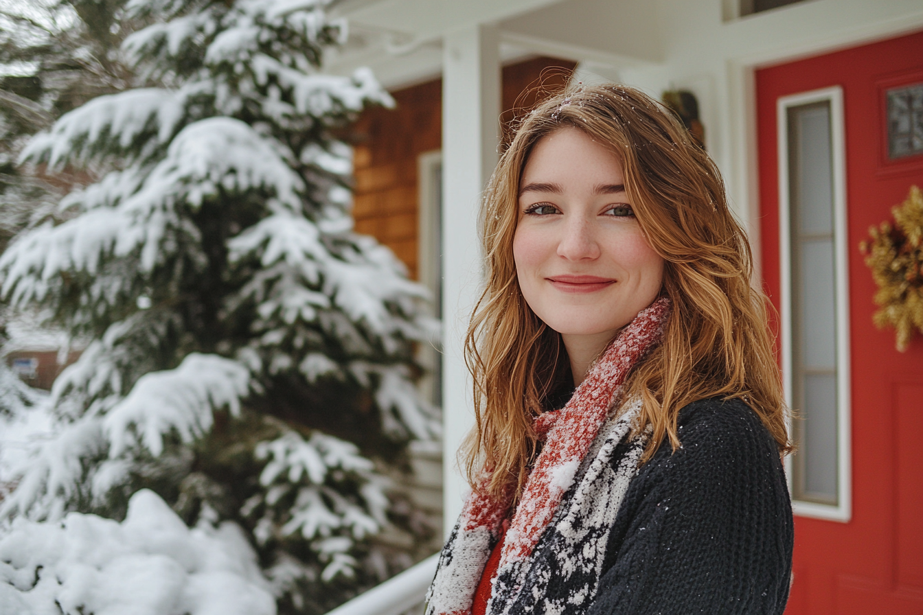 A woman on a snowy porch | Source: No source