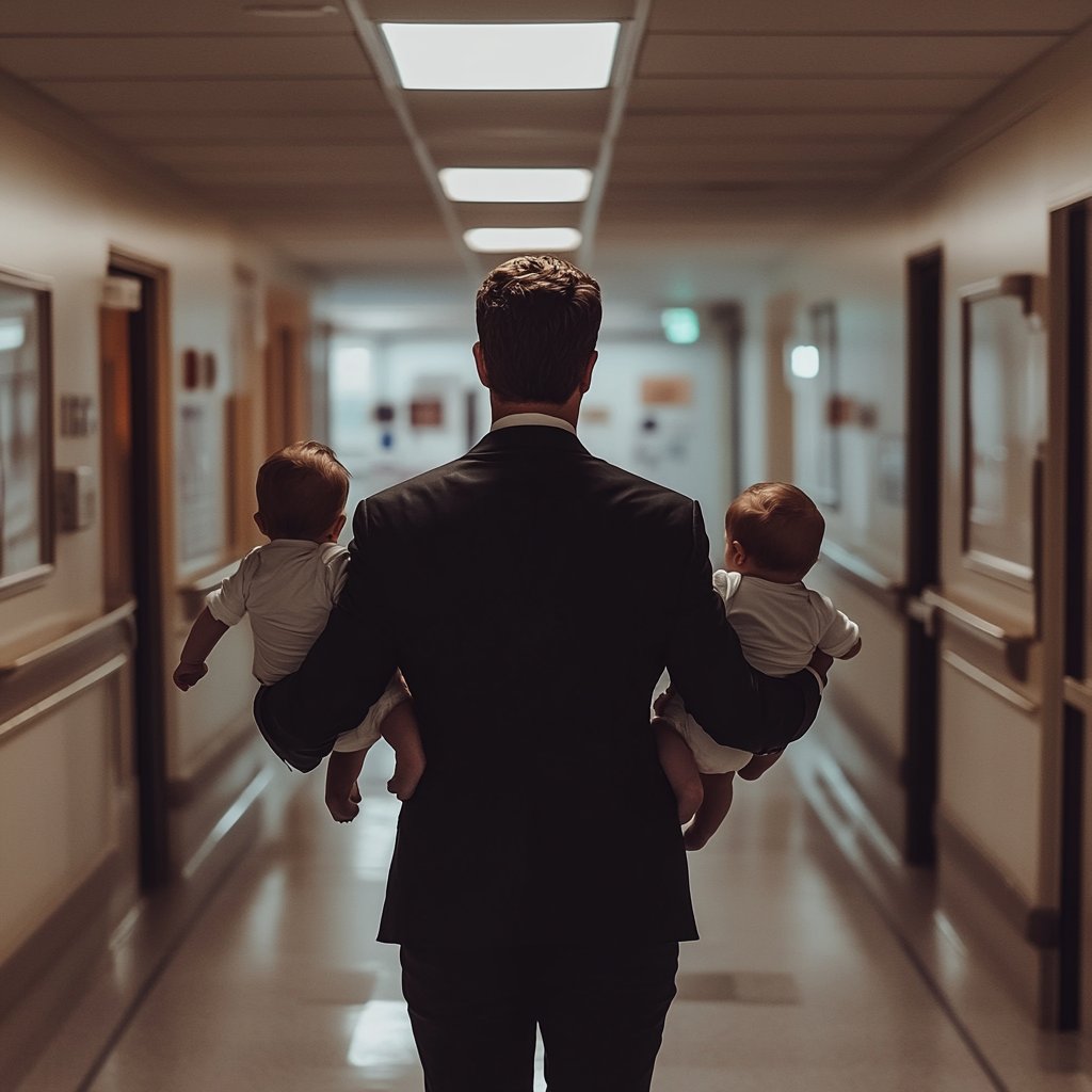 A man leaving carrying two babies in a hospital | Source: No source