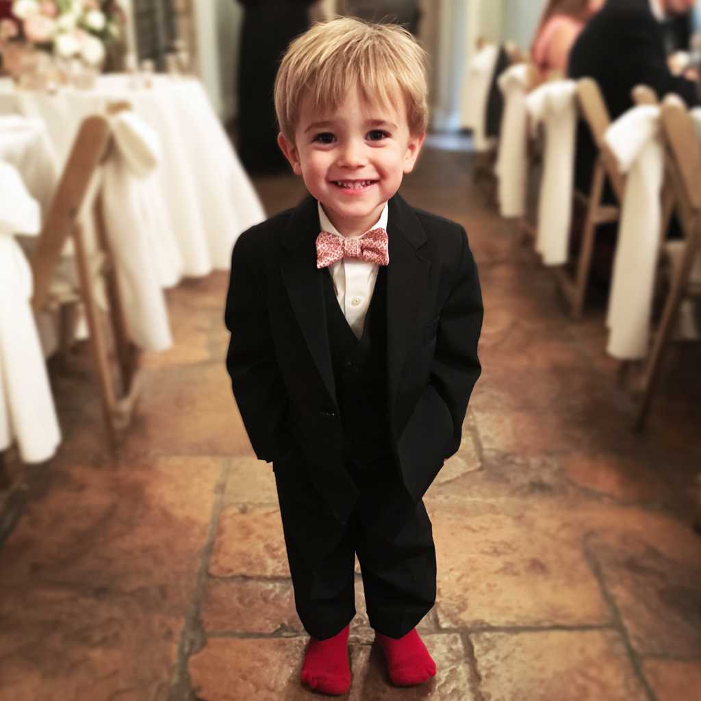 A smiling little boy wearing a black suit and red socks | Source: no source