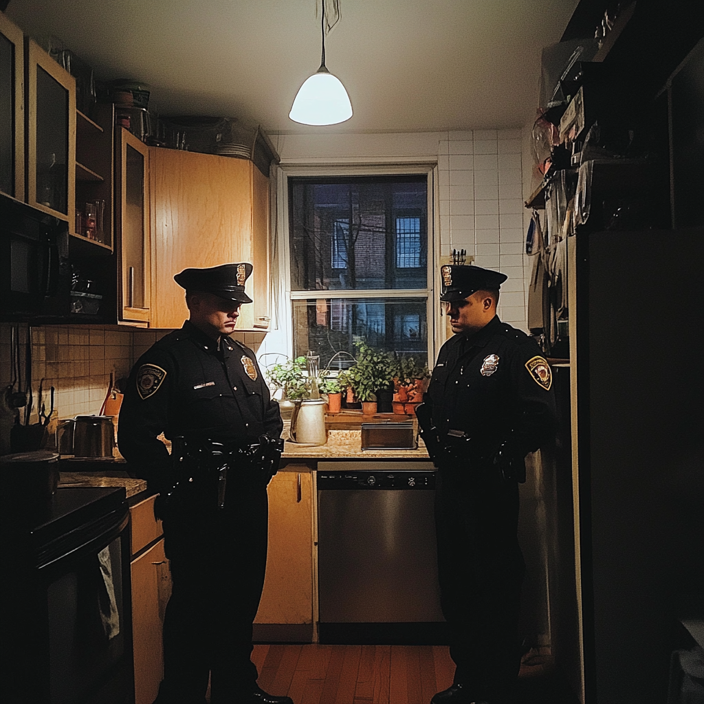 Two police officers standing in a kitchen | Source: no source