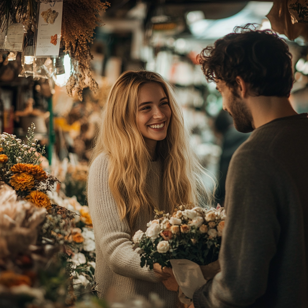 A woman talking to a man while arranging flowers | Source: no source