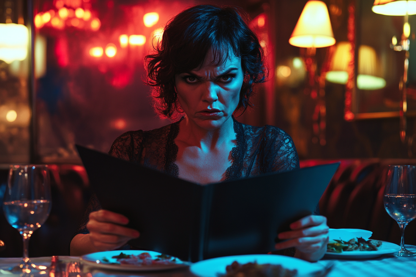 Angry woman looking at a restaurant menu | Source: No source
