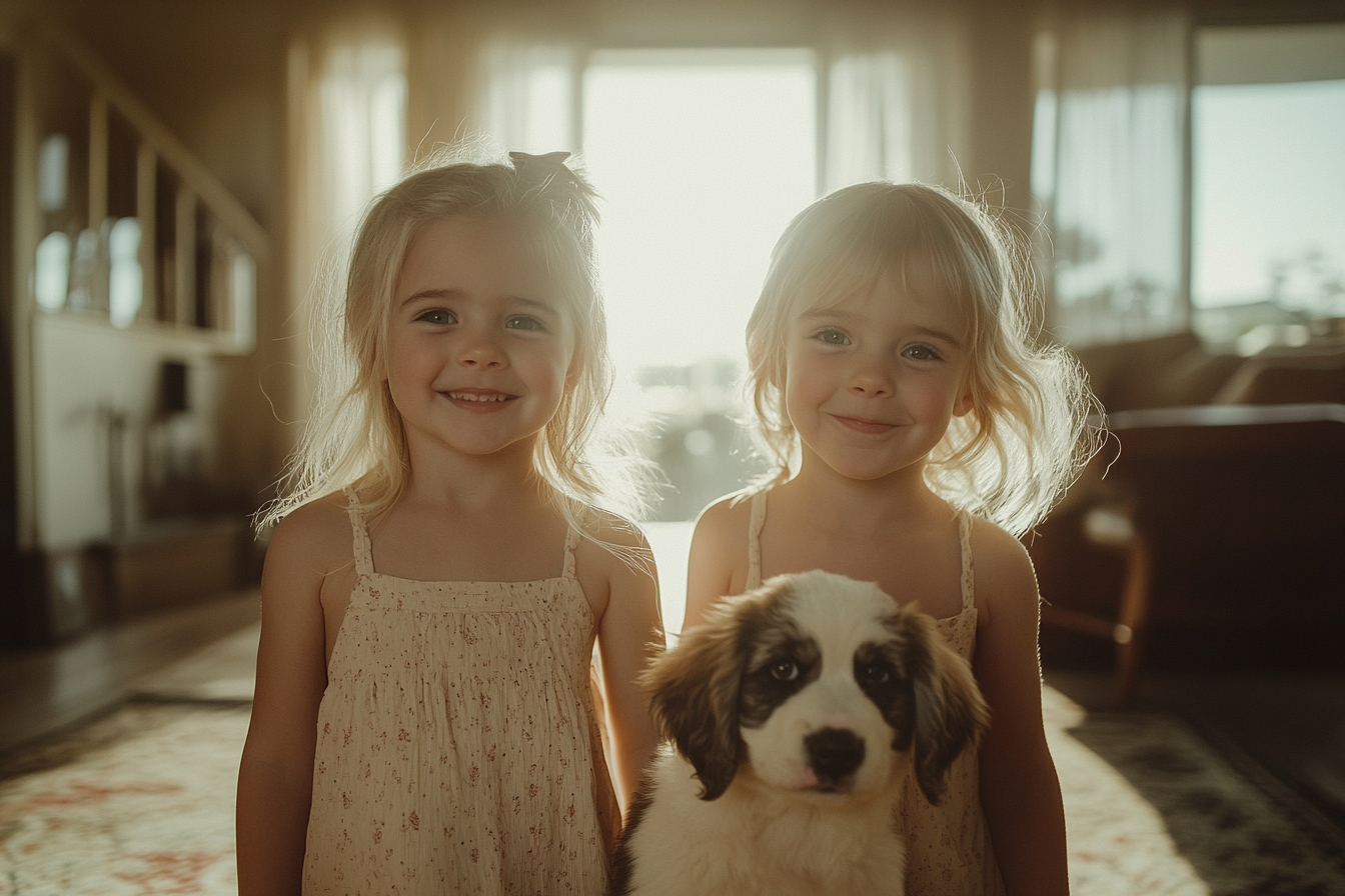 Twin girls, 5 years old, smile with a Saint Bernard puppy in the living room | Source: No source