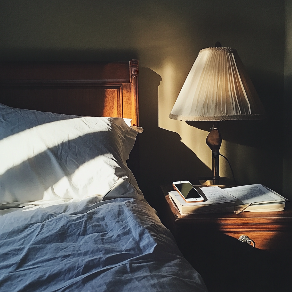 A phone on a bedside table | Source: no source