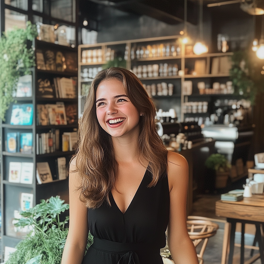 A happy woman in a coffee shop | Source: No source