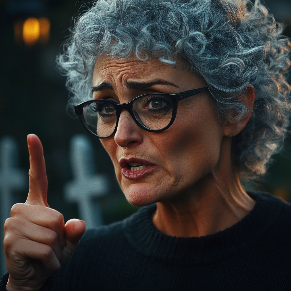 An angry older woman accusing someone in a cemetery | Source: No source