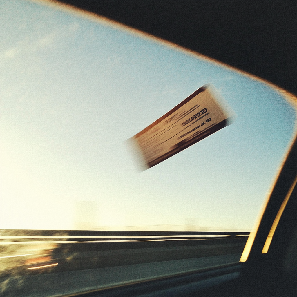 A boarding ticket flying out of a car window | Source: No source
