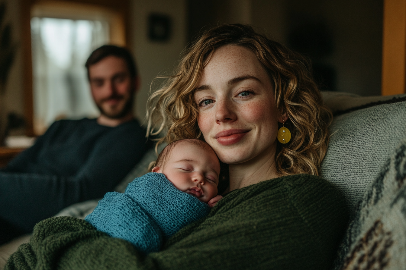 A woman in her 30s holding a newborn wrapped in a blanket, sitting on a couch with her husband smiling in the background | Source: No source