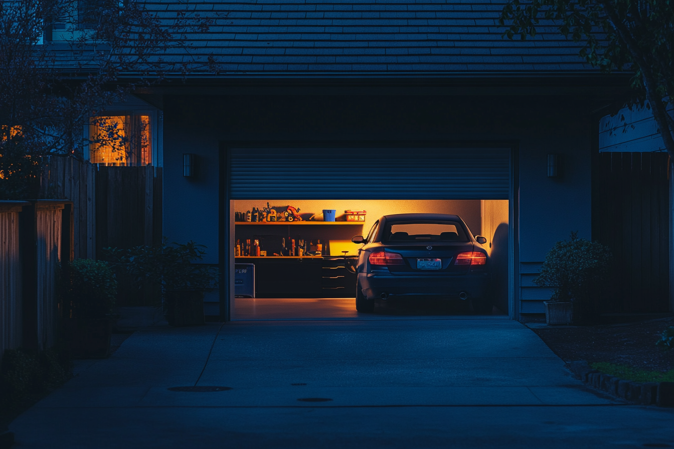 A home garage door opening at night | Source: no source