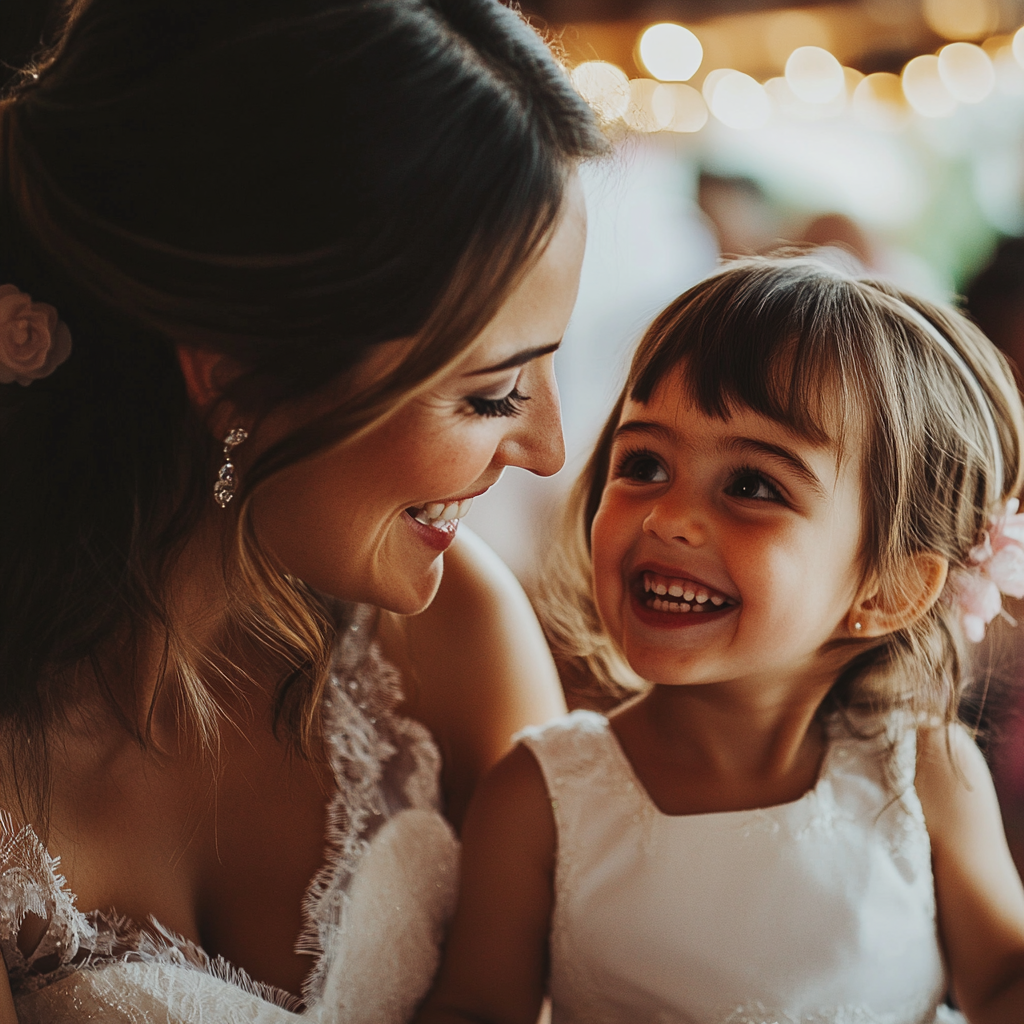 A bride and a young girl smiling at each other | Source: no source