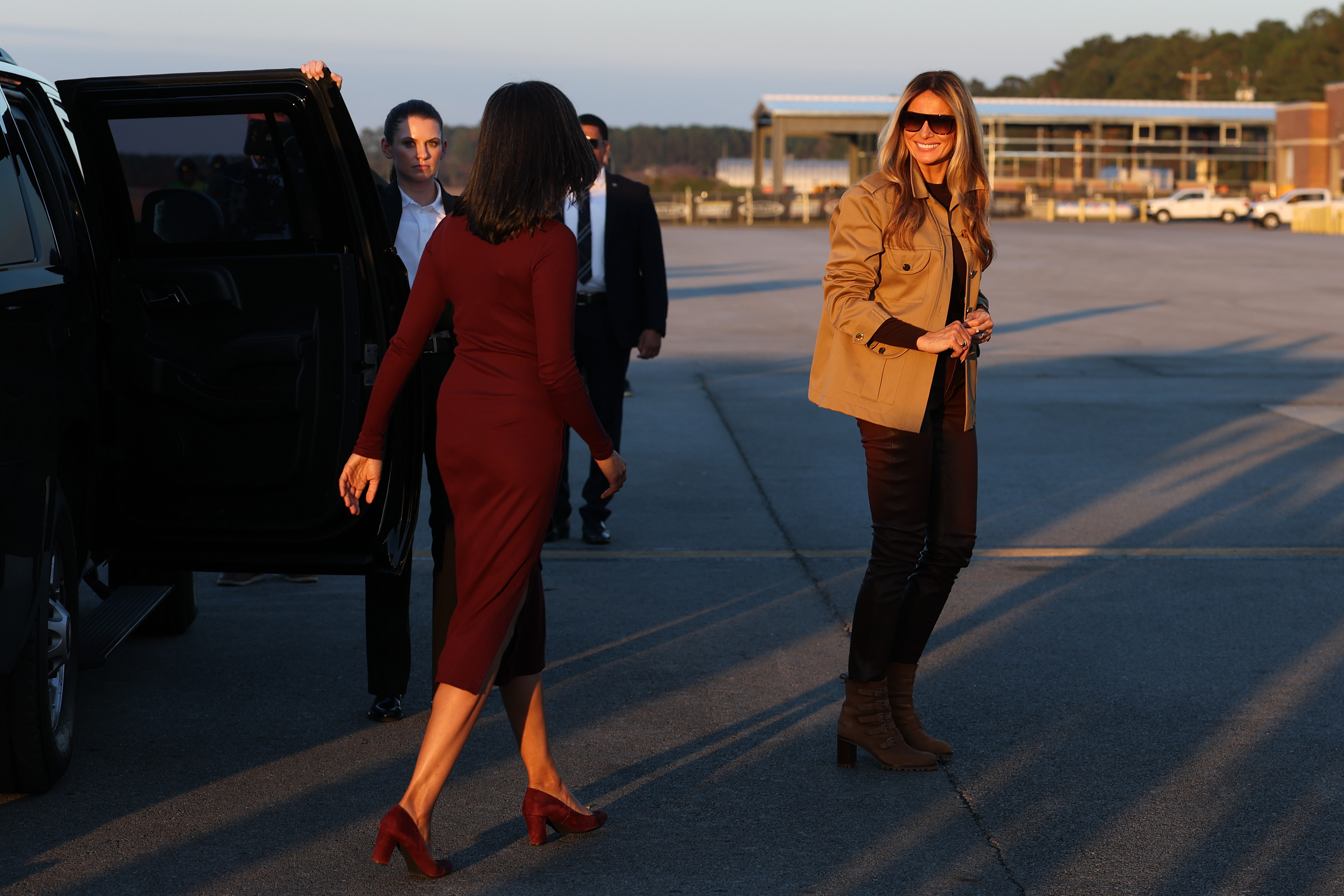 Usha Vance and Melania Trump prepare to board a plane to return to Washington, DC at Albert J. Ellis Airport on November 19, 2025 | Source: Getty Images