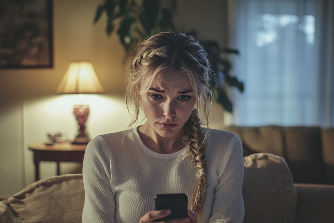 Woman in her 30s sitting on a couch in a living room at night looking upset and worried | Source: no source