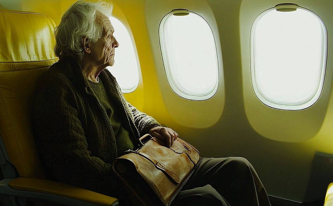 Elderly man sitting at the yellow airplane | Source: No source