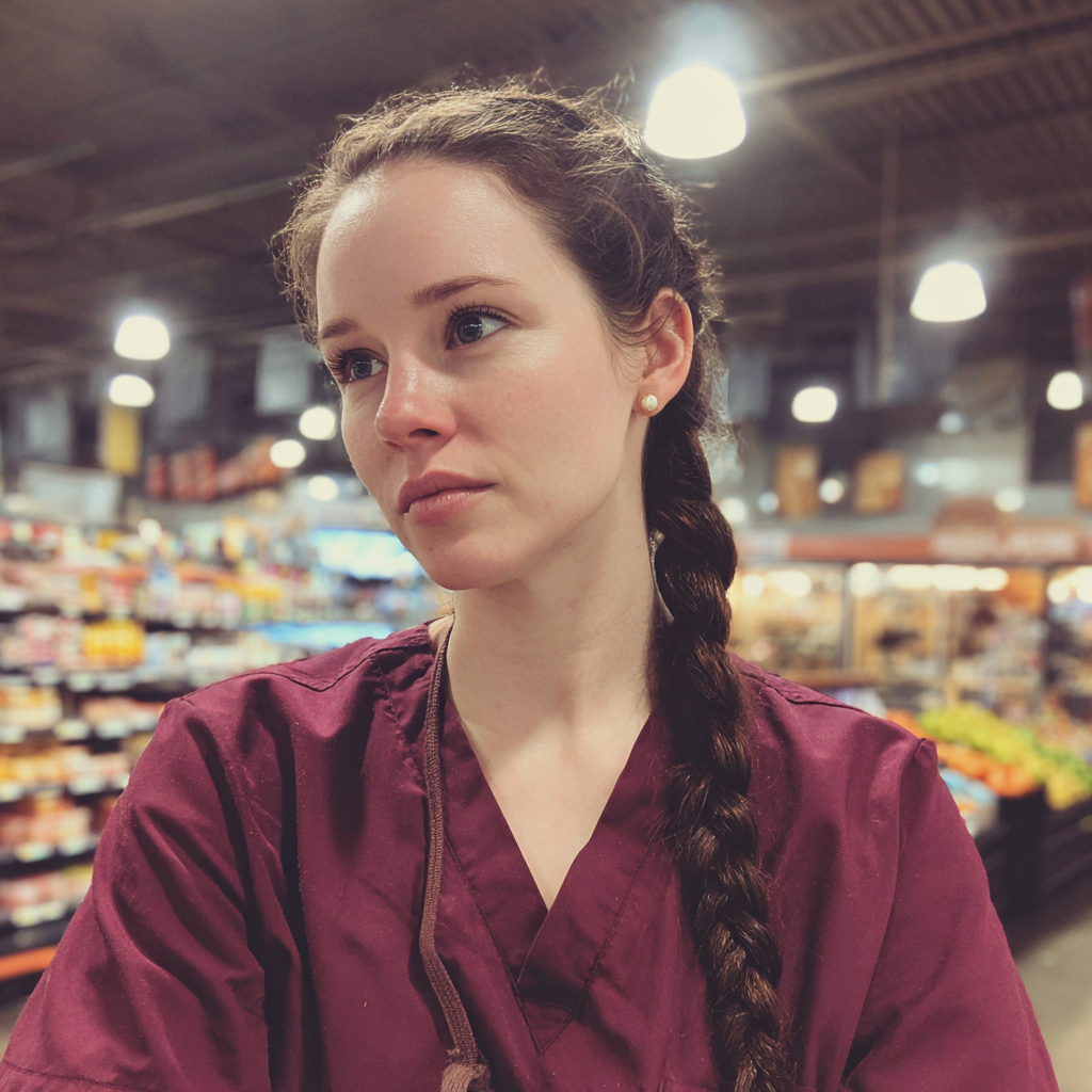 A nurse standing in a grocery store | Source: no source