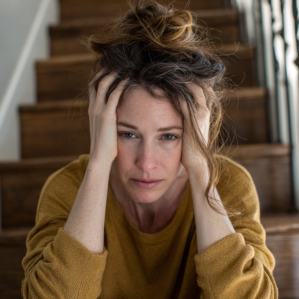 A woman sitting on a staircase with her hands on her head | Source: No source