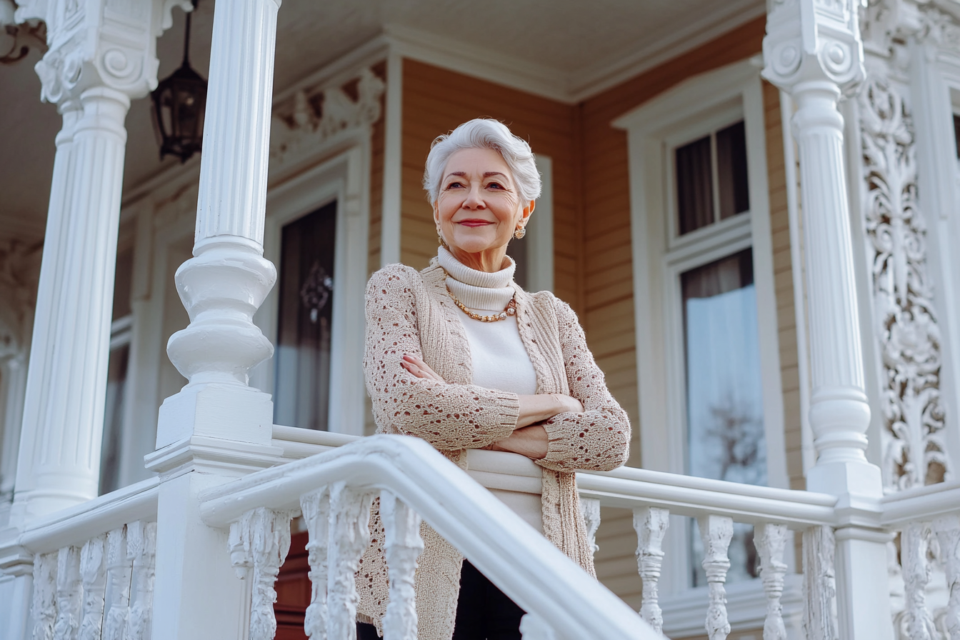 An older woman at the front porch of a nice house | Source: No source