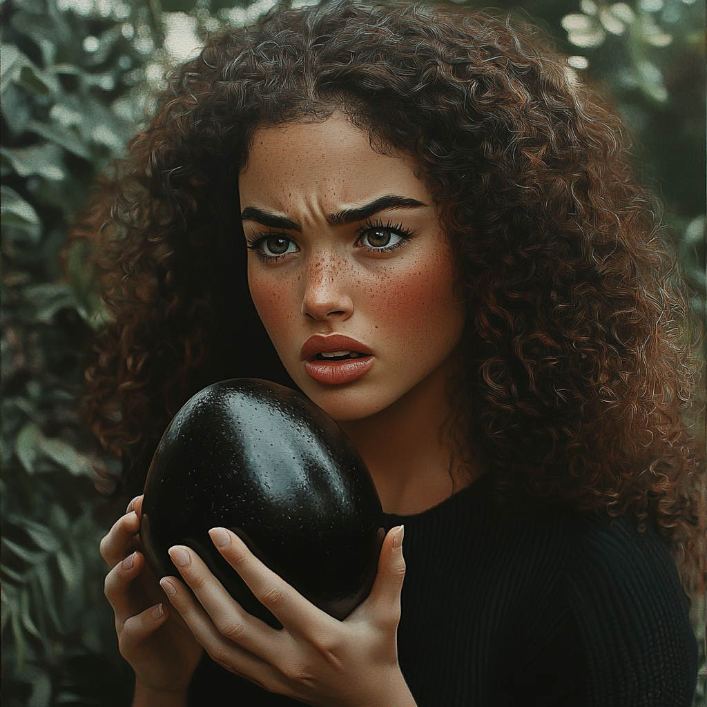 A puzzled woman holding a big glossy black egg | Source: No source