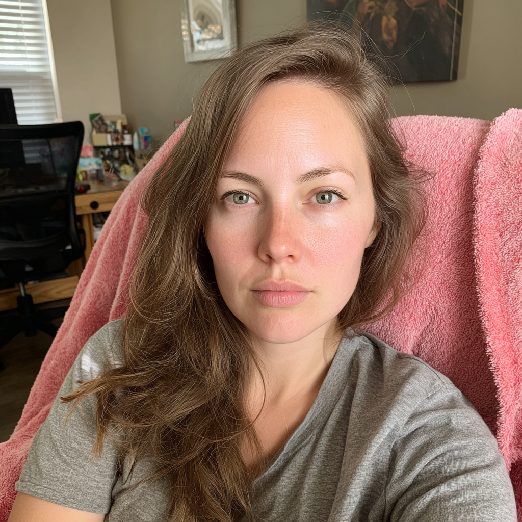 A pensive woman sitting on an armchair with a pink blanket | Source: No source