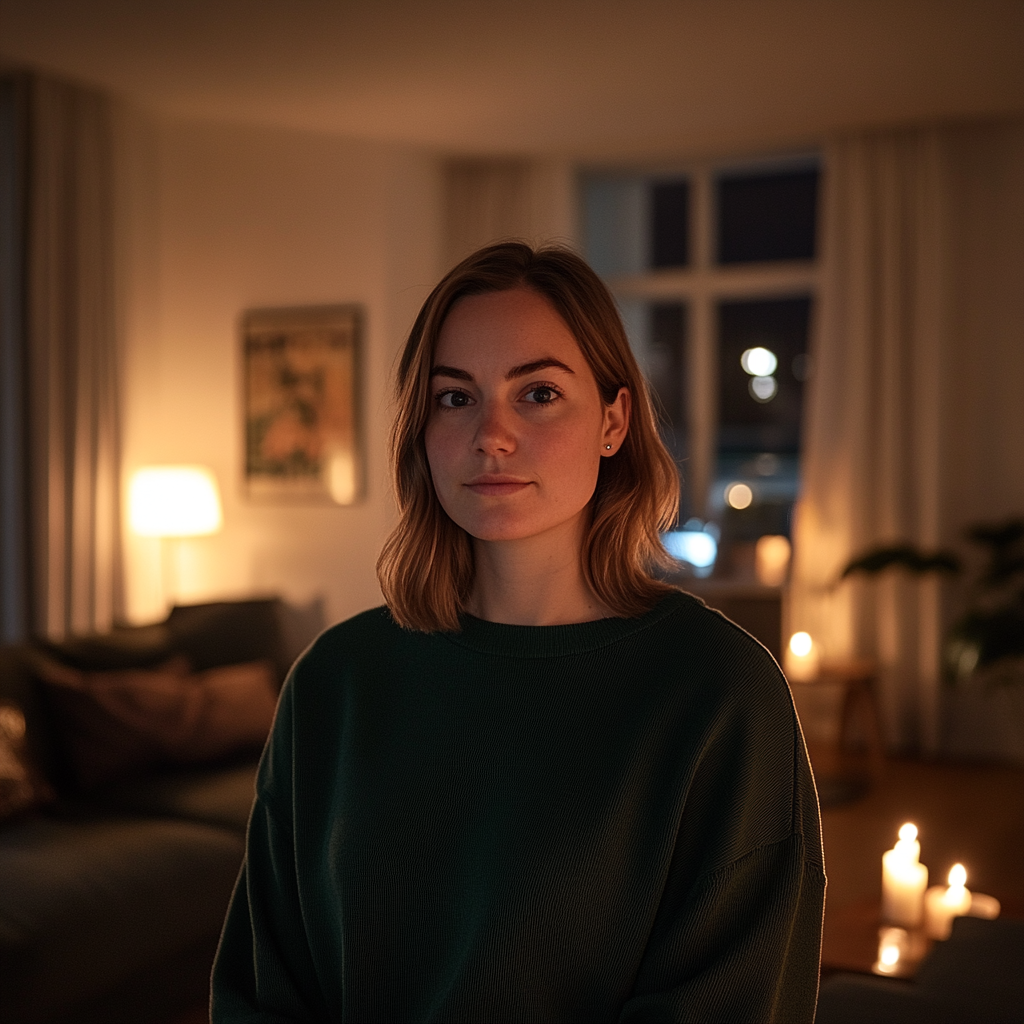 A woman wearing a green sweater and standing in a living room | Source: no source