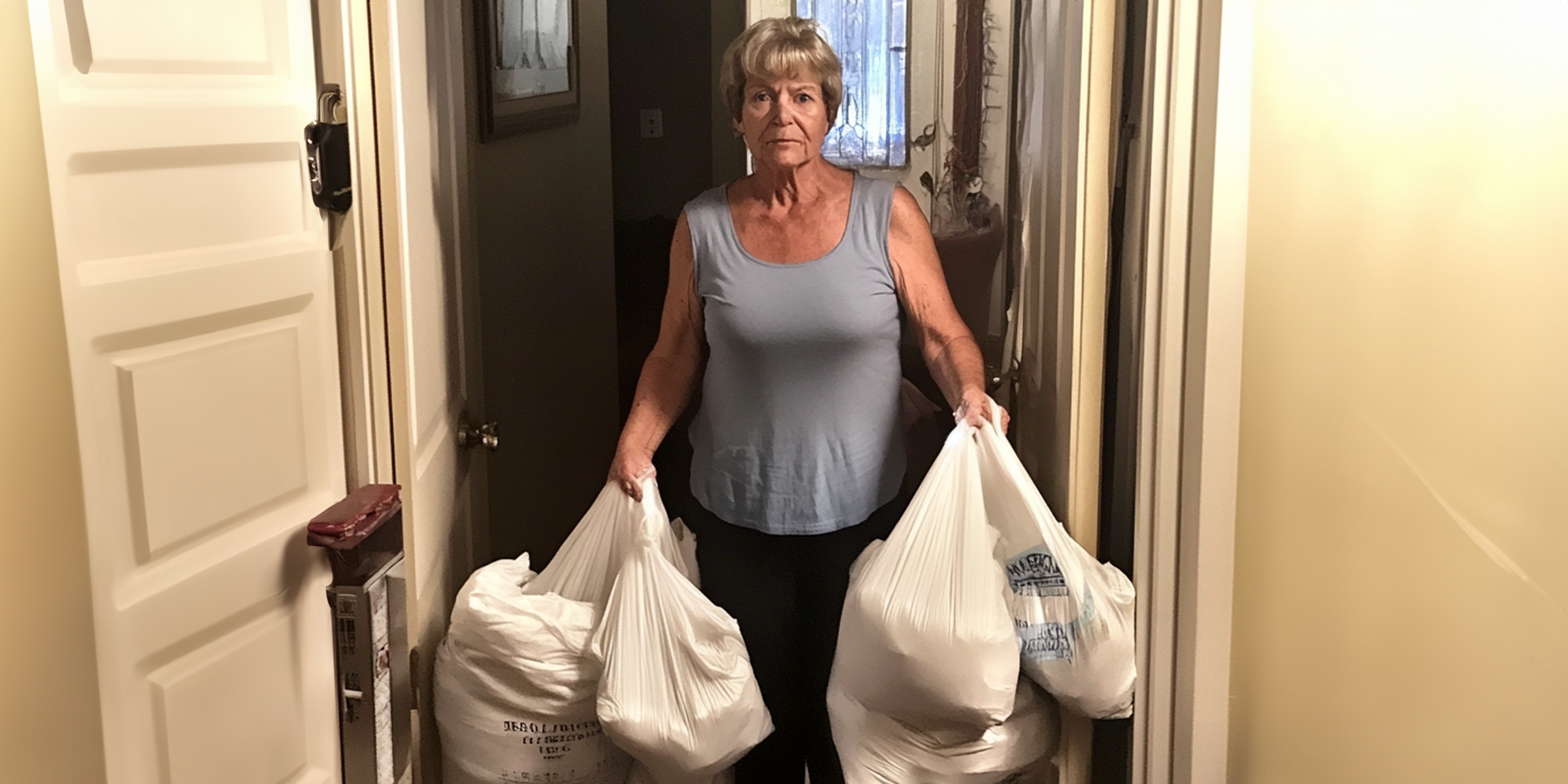 An older woman holding laundry bags | Source: No source