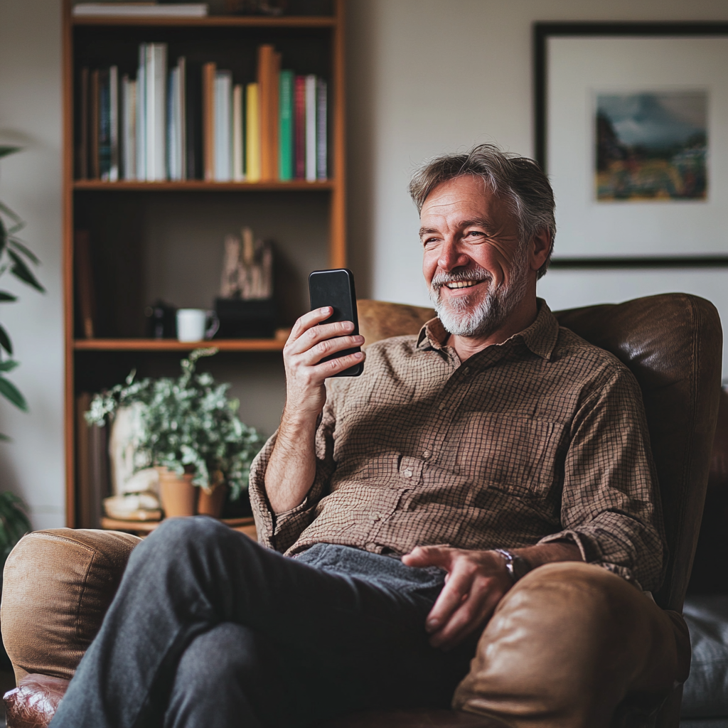 A happy man holding his phone | Source: No source