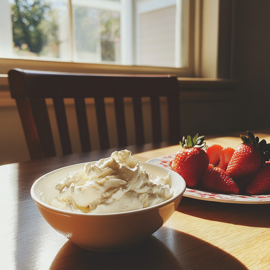 Strawberries and whipped cream on a table | Source: No source
