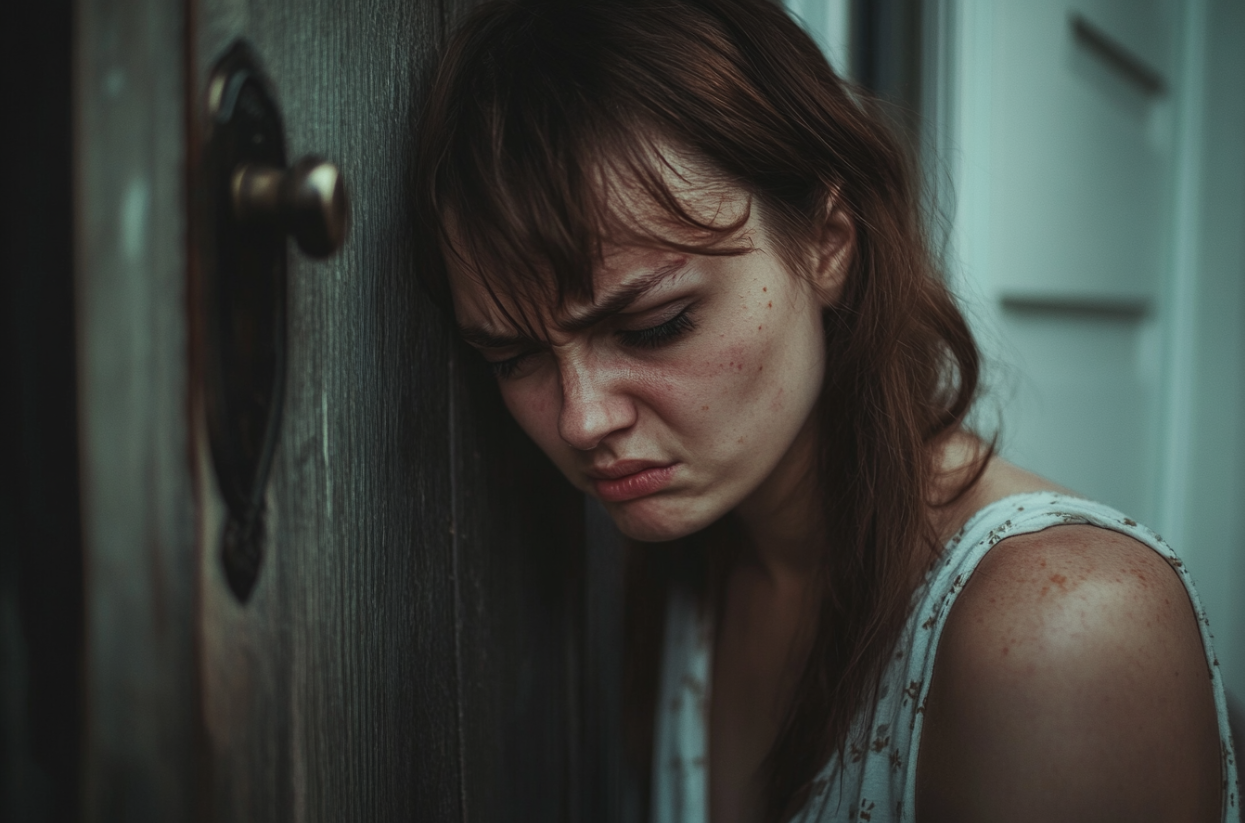An emotional woman leaning against a door | Source: No source