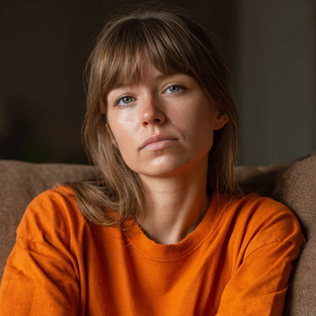 A pensive woman wearing an orange t-shirt | Source: no source