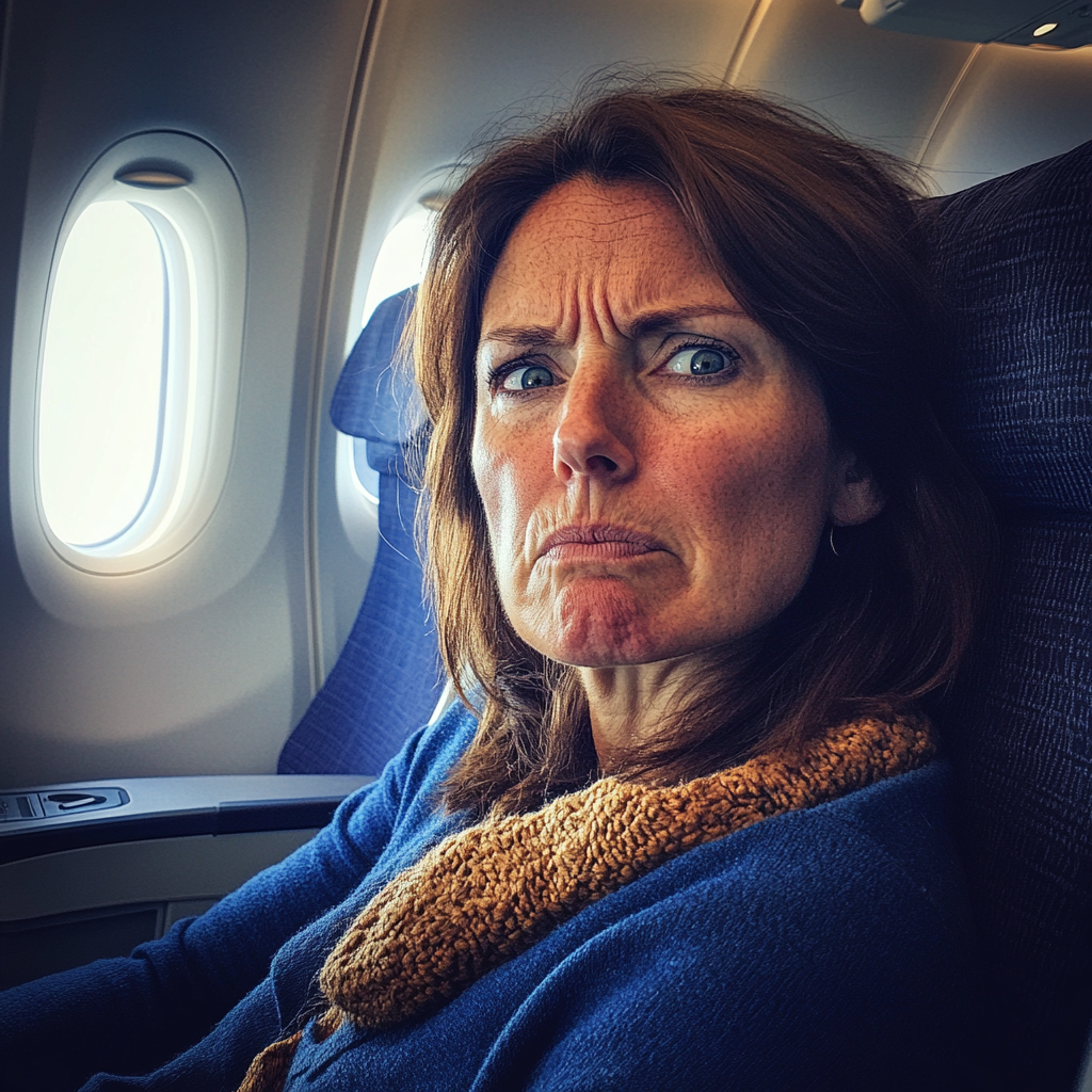 An annoyed woman sitting in an airplane | Source: No source
