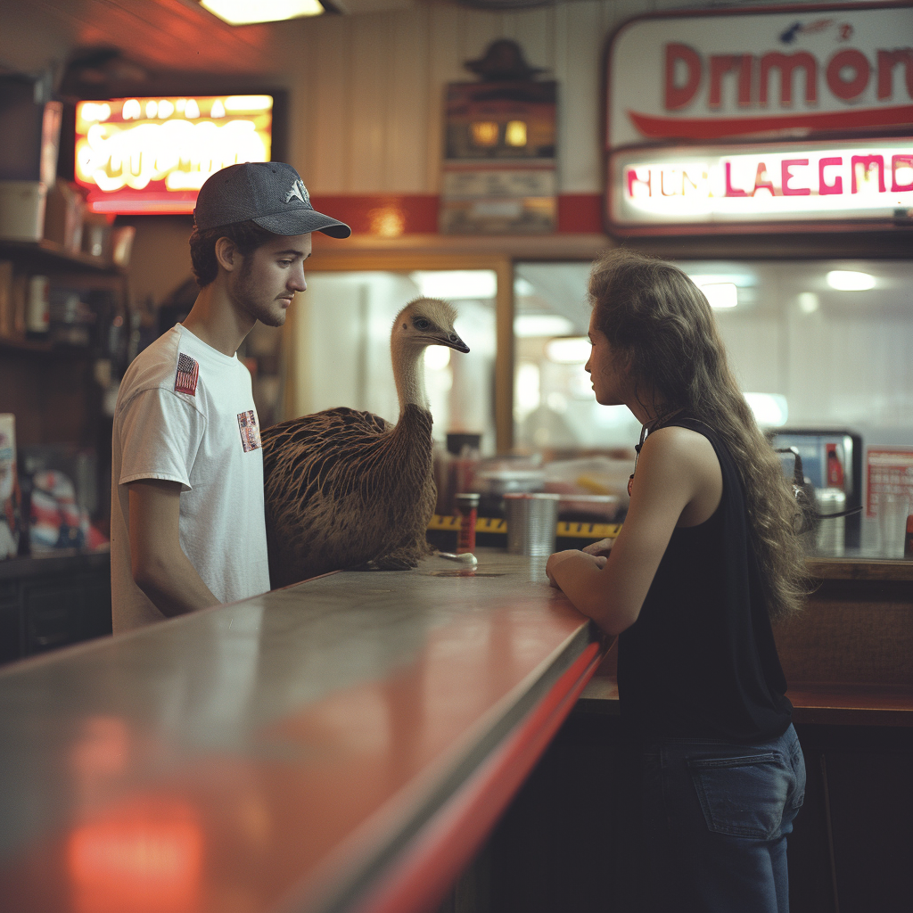 A man and his emu in a diner | Source: No source