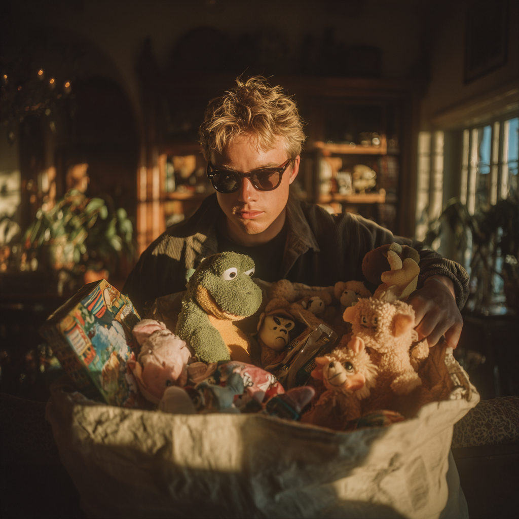 A man stuffing toys into a bag | Source: No source