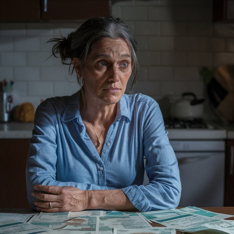 A woman sitting alone at a kitchen table covered in bills | Source: no source