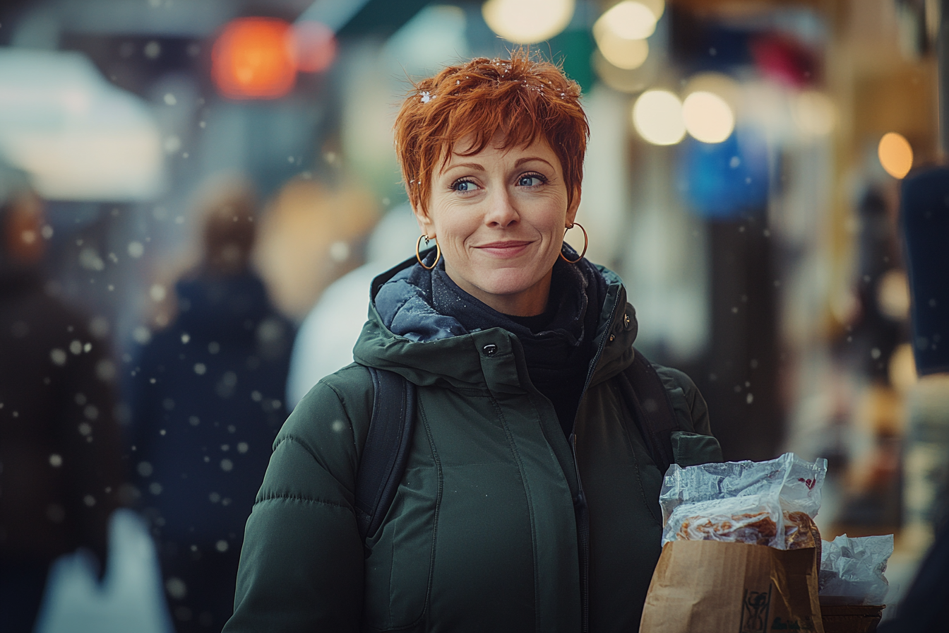 Woman in her late 30s holding a to-go bag and smiling on a snowy street | Source: No source