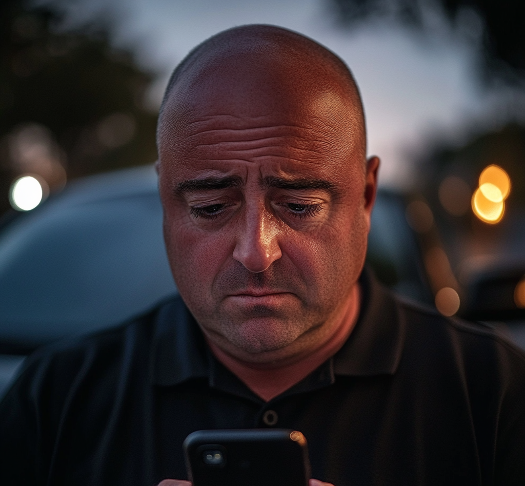 A heartbroken man standing near his car and holding his phone | Source: no source