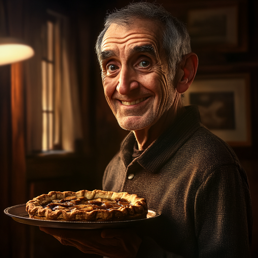 A delighted older man holding a tray of pie | Source: no source