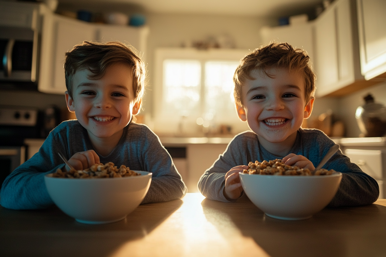 Twin boys, 7 years old, eating cereal at the kitchen table in the morning | Source: no source