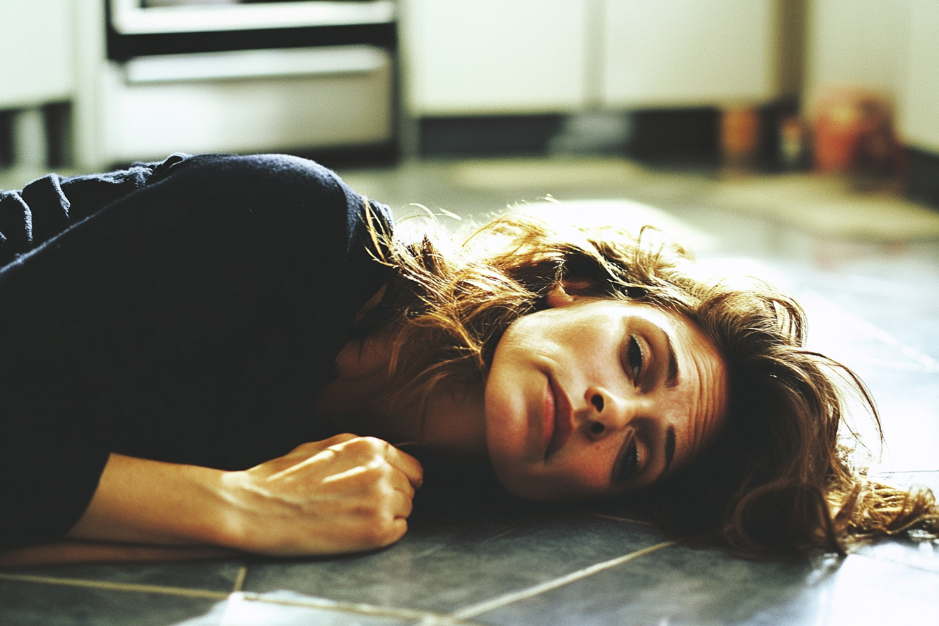 A woman lying on a kitchen floor | Source: No source