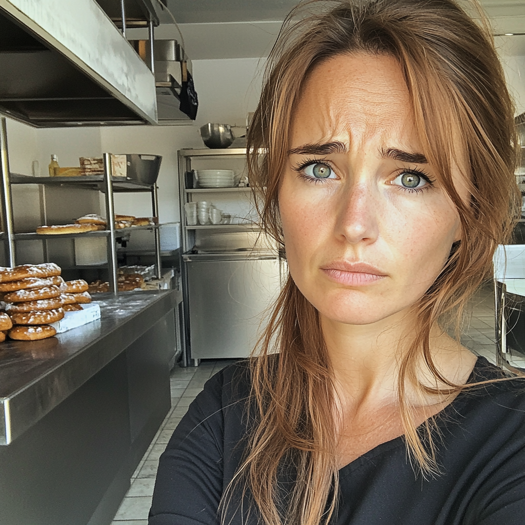 An upset woman standing in a bakery kitchen | Source: No source