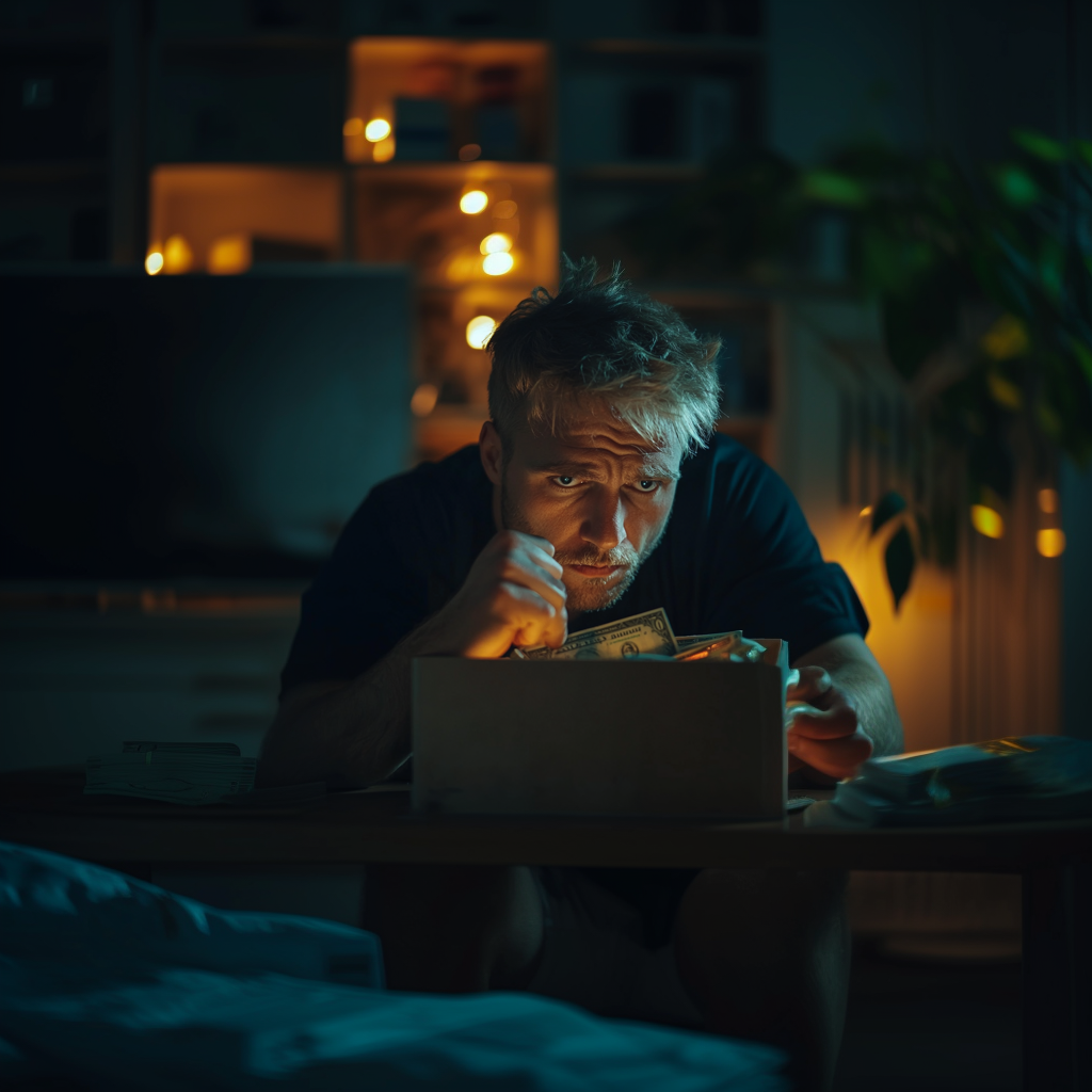 A confused man looking at a box full of money | Source: no source