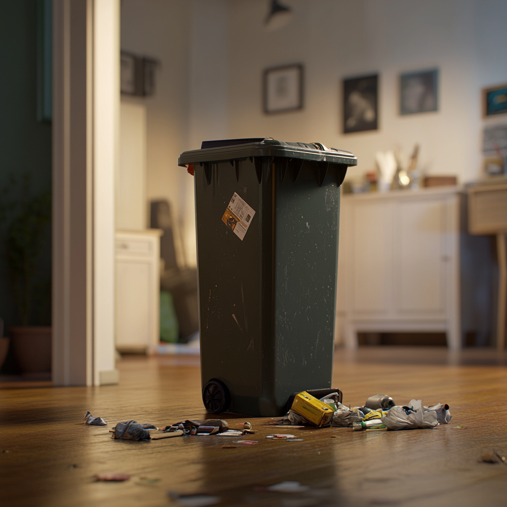 A trash bin with trash scattered around it | Source: no source